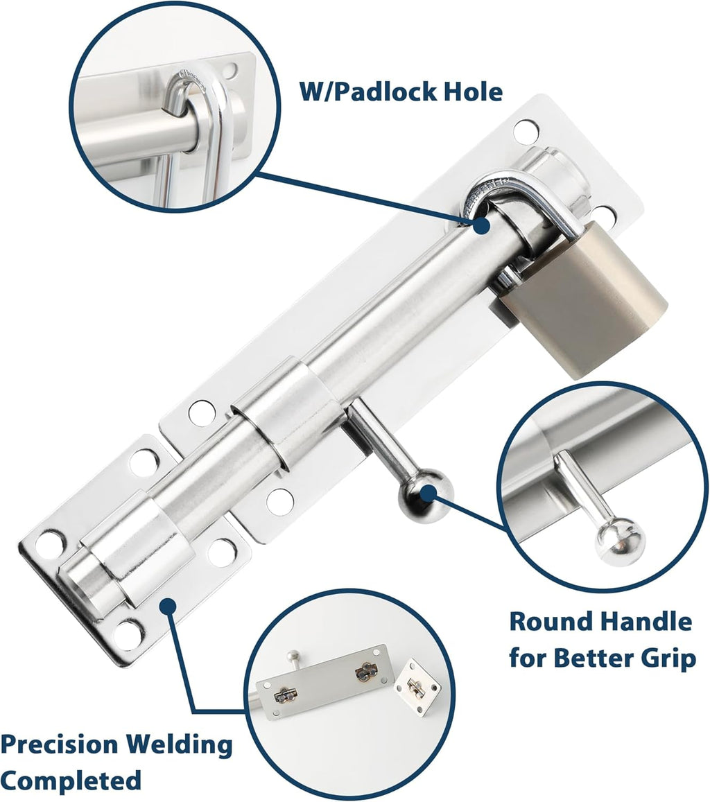 Alise 6 inch Barrel Bolt Latch,Slide Bolt Latch,Heavy Duty Solid SUS304 Stainless Steel Slide Lock for Wooden Fence,Barn Door,Interior or Outdoor Door Chrome MS8000