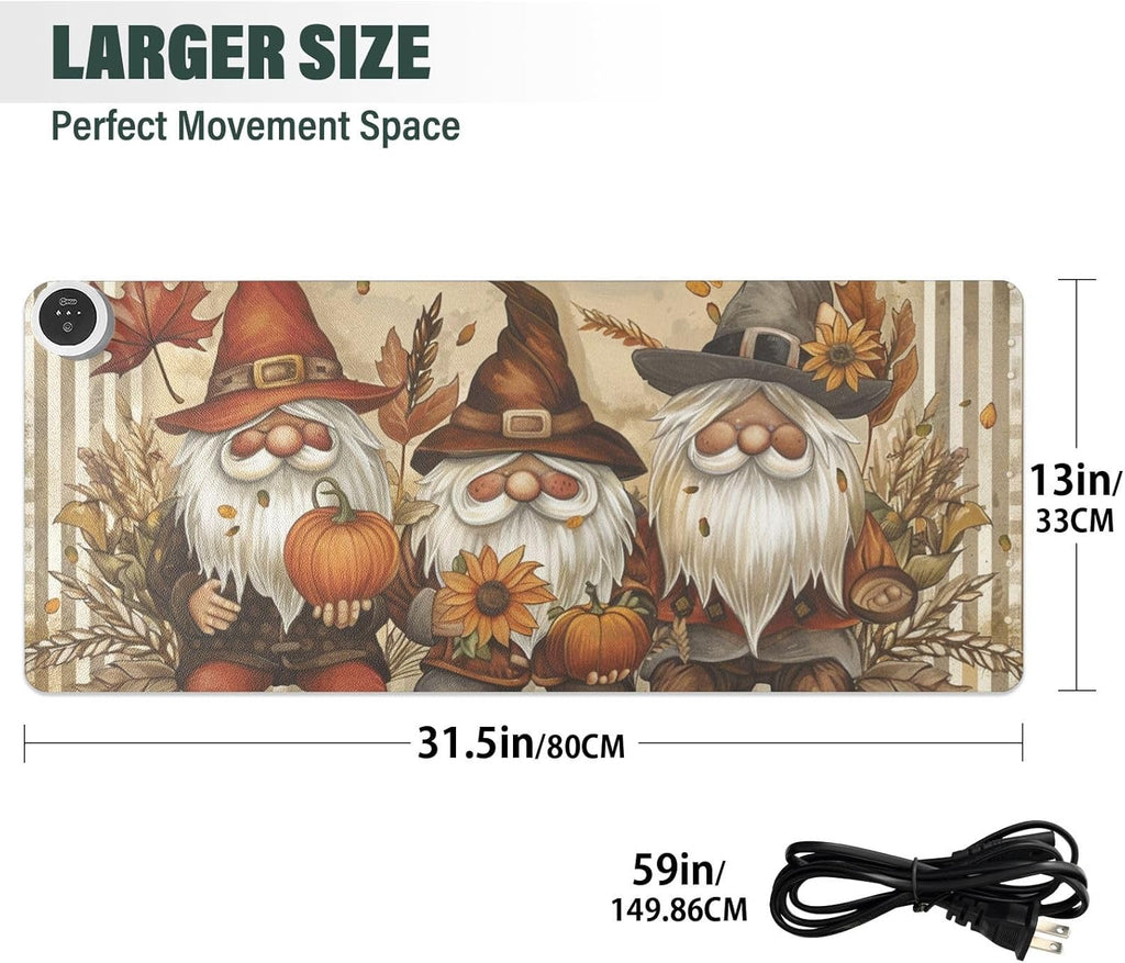 Heated Desk Pad Mouse Pad 31.5x13 Inch PU Leather Desk Mat with 3 Heat Levels Large Mouse Gaming Computer Laptop Mat Gnomes Maple Leaf