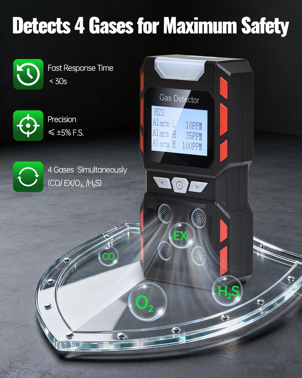 4 Gas Monitor, Gas Detector for H2S, CO, LEL and O2, Factory Calibrated Multi Gas Meter with Vibration, Visual and Audible Alarms, Over 10H Battery Life, Fast Response, Gas Analyzer for Work, Home