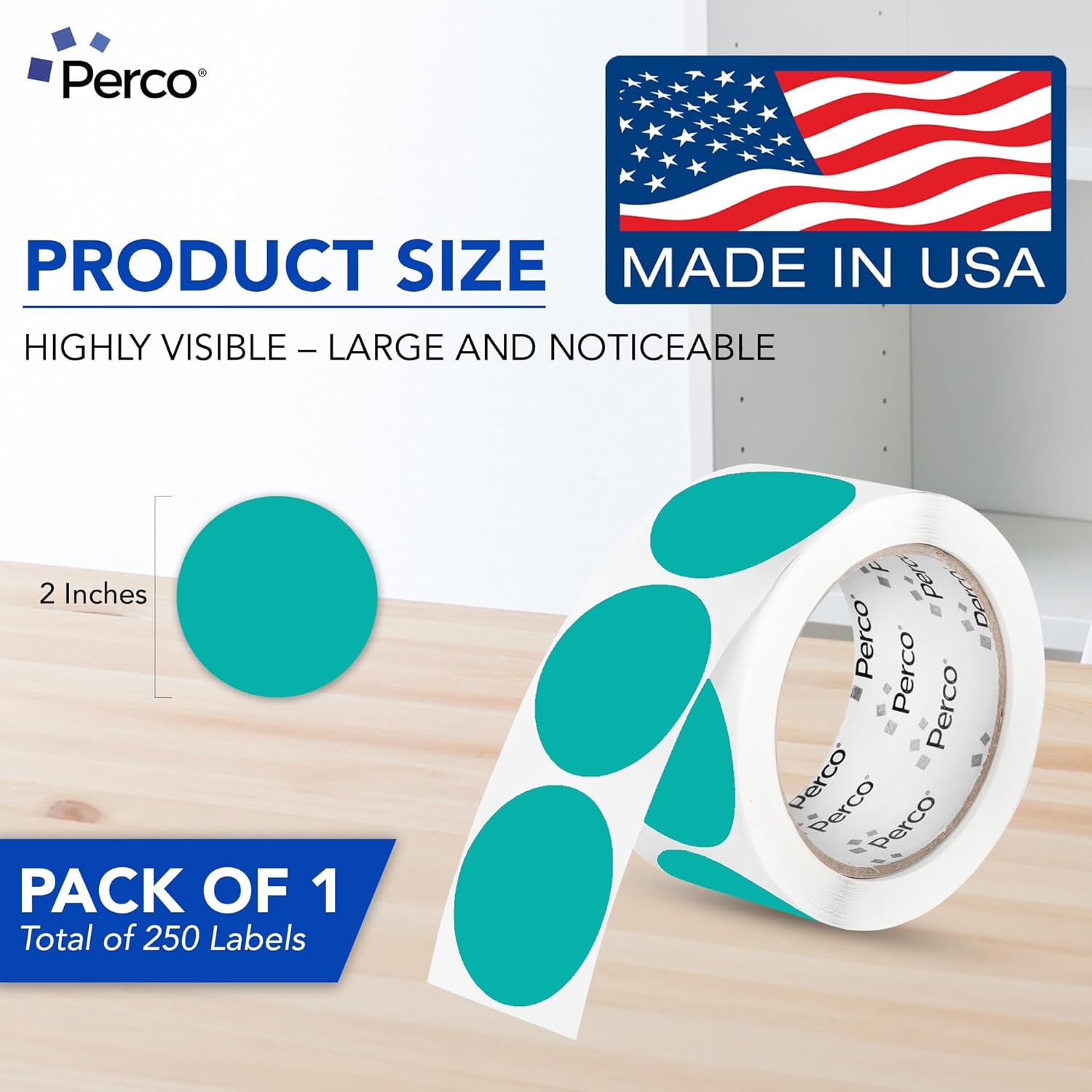 Perco Teal 2-Inch Perforated Circle Dot Sticker Labels — 250 Round Stickers Per Roll — with Permanent Adhesive for Organizing, Color Coding, Bin Labeling, Packaging Alerts — Made in USA