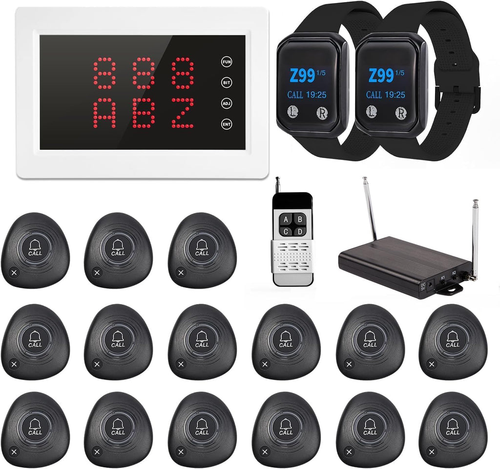 Restaurant Pager System Wireless Calling System 1200+ Feet with 1 Singal Amplifier/1 Display Receiver/2 Watch Pagers/15 Waterproof Call Buttons for Restaurant Cafe Church Clinic Hospital