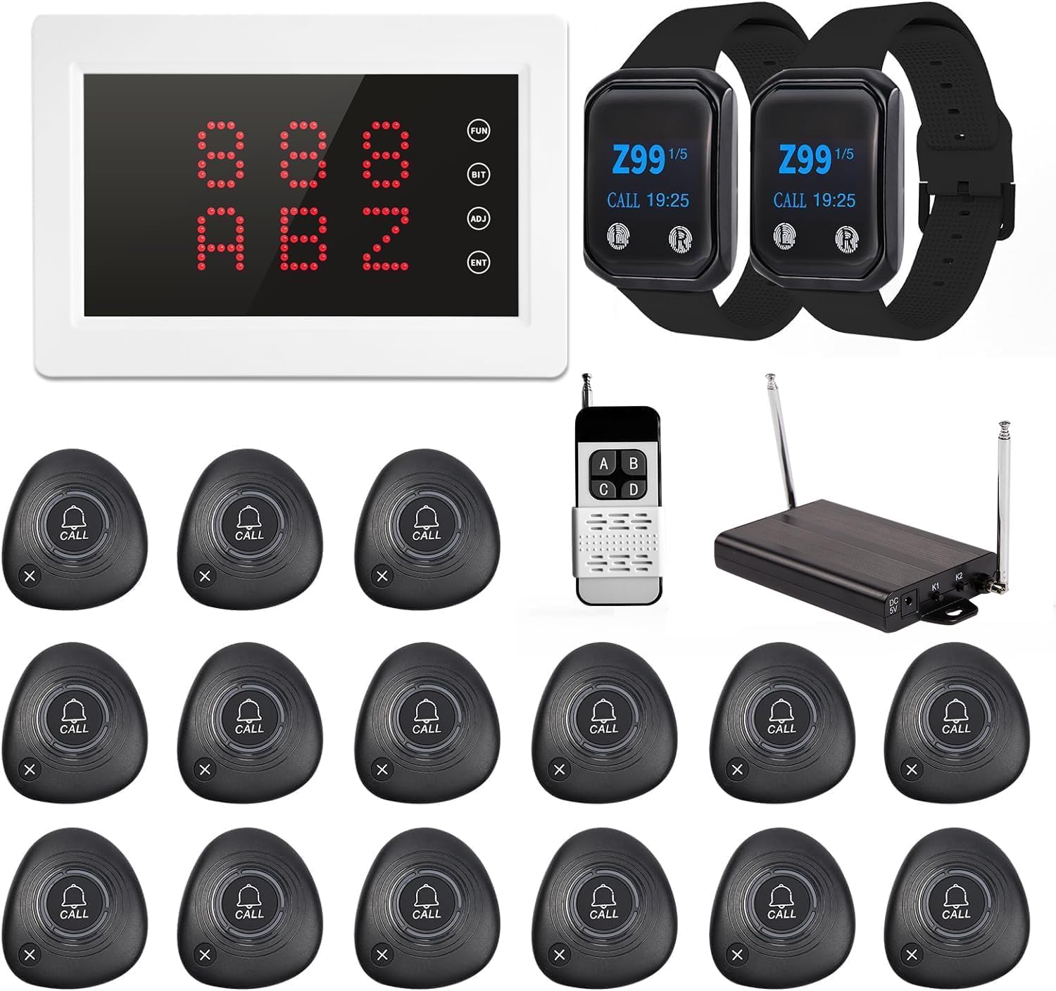 Restaurant Pager System Wireless Calling System 1200+ Feet with 1 Singal Amplifier/1 Display Receiver/2 Watch Pagers/15 Waterproof Call Buttons for Restaurant Cafe Church Clinic Hospital