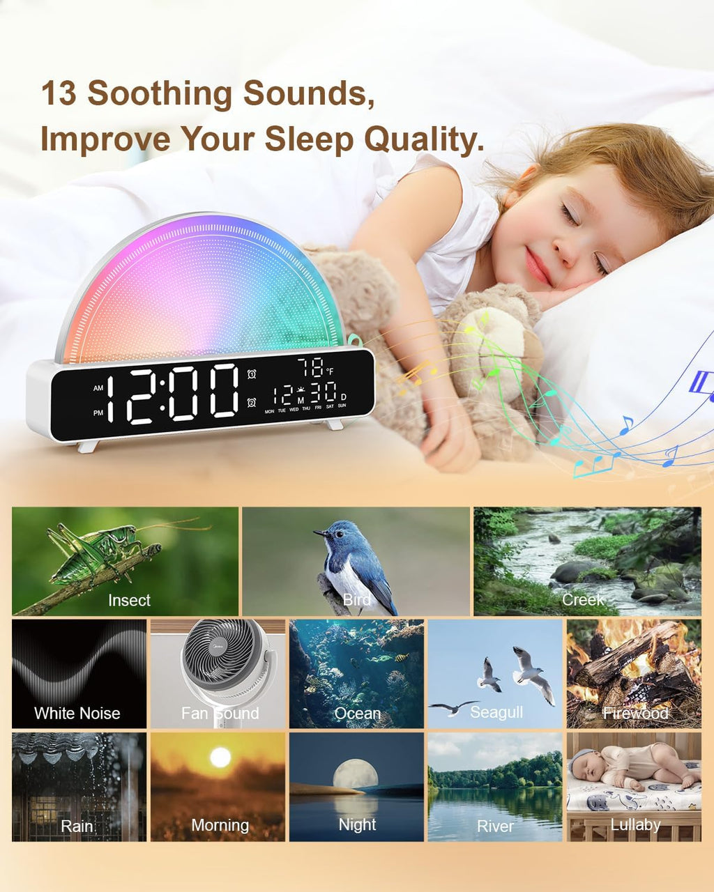 Sunrise Alarm Clock Wake Up Light with Sunrise Simulation White Noise Machine Touch Control Bedside Lamps Colors Atmosphere Lamp 30/60/90 Sleep Timer 13 Nature Sounds