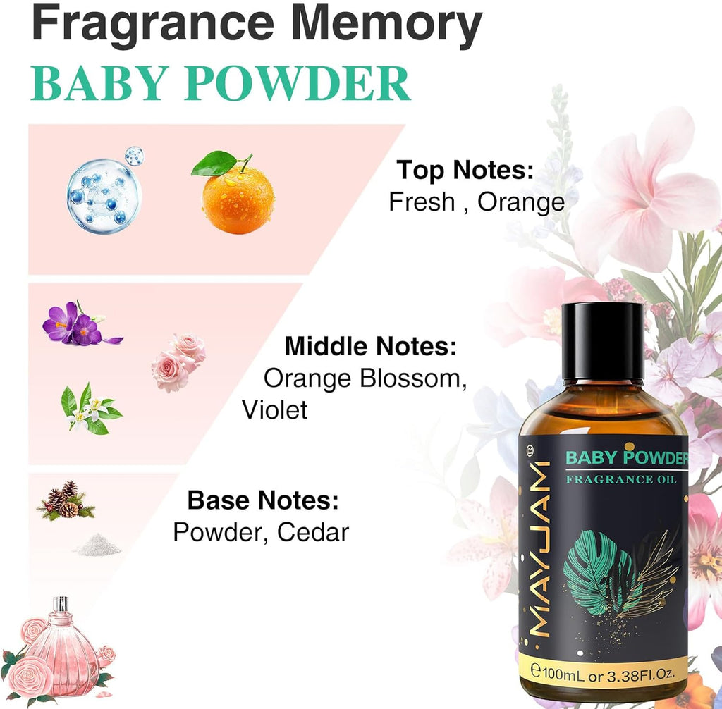 MAYJAM 100ML/3.38FL.OZ Baby Powder Fragrance Oils with Glass Dropper, Essential Oils for Diffusers for Home, Long Lasting Scented Oils for Diffusers Soap Candle Making