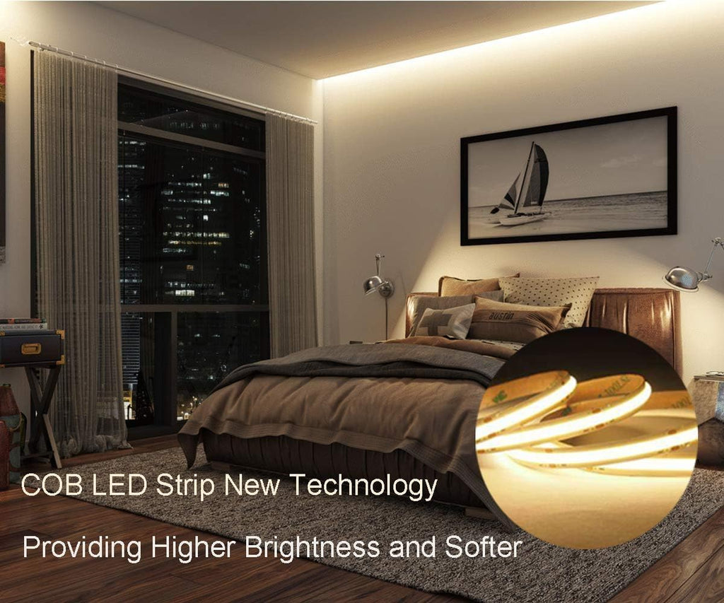 dephen UL-Listed COB LED Strip 16.4ft, Warm White Rope Lights 528LEDs/M, DC24V 5500Lm Flexiable and Cuttable Tape Lingting for Bedroom, Cabinet, Kitchen, Office, DIY