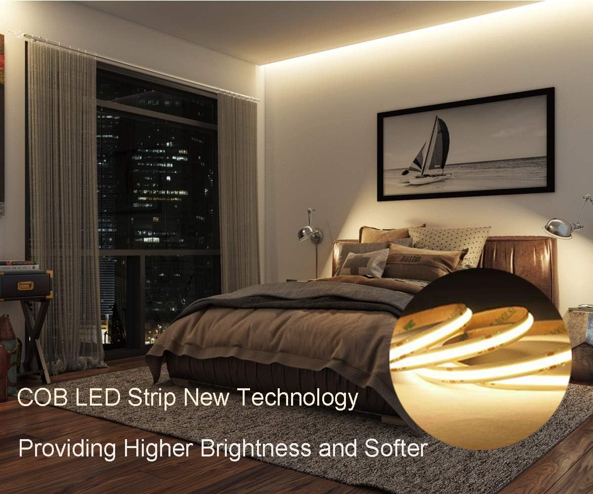 dephen UL-Listed COB LED Strip 16.4ft, Warm White Rope Lights 528LEDs/M, DC24V 5500Lm Flexiable and Cuttable Tape Lingting for Bedroom, Cabinet, Kitchen, Office, DIY