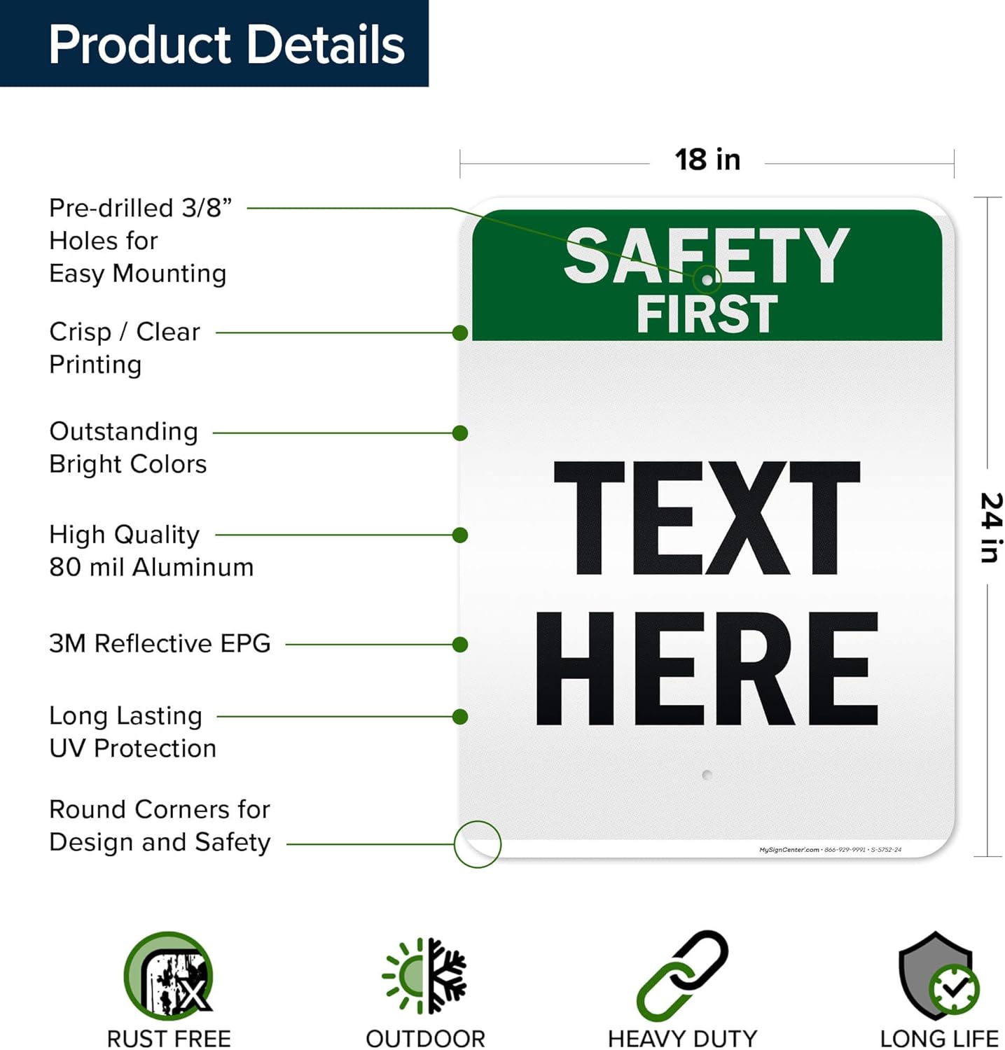 Custom Safety First Sign, OSHA Sign, 18x24 Inches, 3M EGP Reflective, Rust Free .080 Aluminum, Fade Resistant, Made in USA by My Sign Center