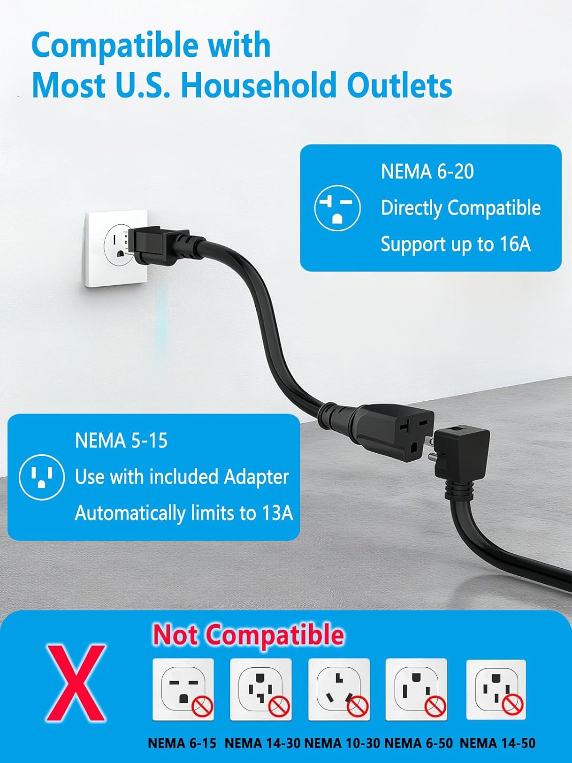 40Ft Cord EV Charger, 16Amp 110V/240V Portable Level 1 Level 2 Electric Vehicle Charging Station with NEMA 6-20 Plug & NEMA 5-15 Adapter for J1772 Electric Cars