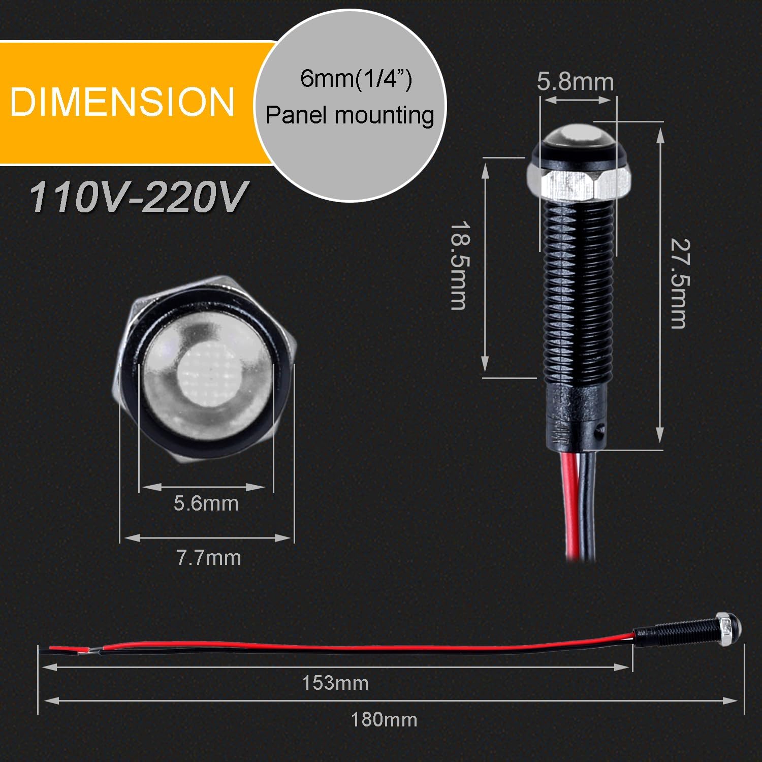 5pcs 6mm LED Indicator Light Plastic Black Signal Dot Lamp 110-220VAC 1/4" Mounting Hole Size with 15cm/5.9in. Wire (White LED)
