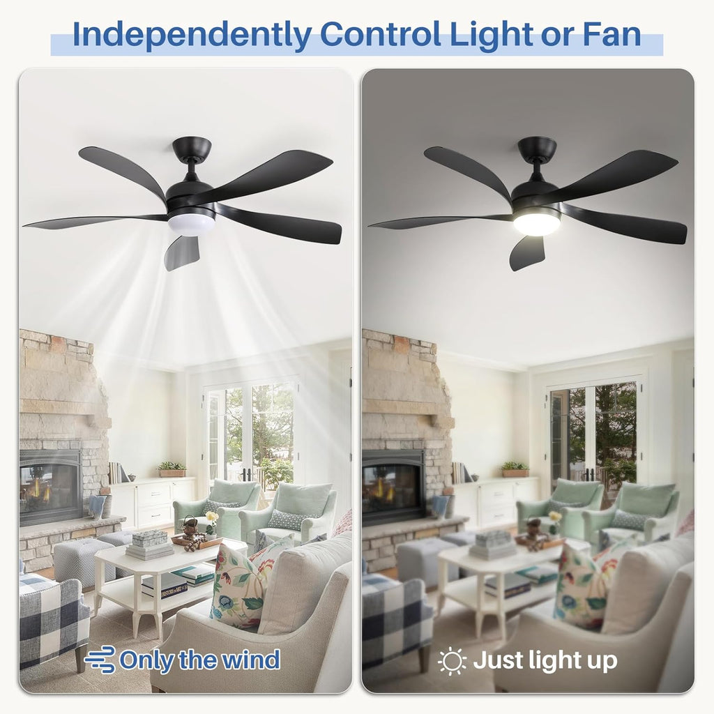 Sofucor 52" Smart Ceiling Fan, Indoor/Outdoor Black Ceiling Fans with Lights and Remote, Works with Alexa/Google/App, 3-Color Light 6-Speed Timing Reversible DC Motor for Bedroom Living Room Patio