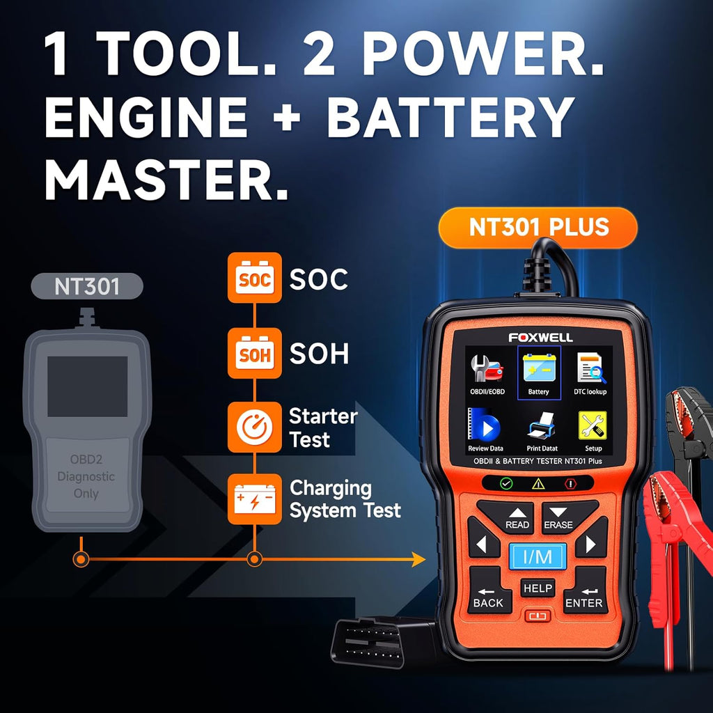 Upgraded of NT301, 2-in-1 FOXWELL NT301 Plus OBD2 Scanner Battery Tester, Professional Check Engine Code Reader Car Diagnostic Tool, 12V Cranking Charging Analyzer for 1996+ Newer Vehicle