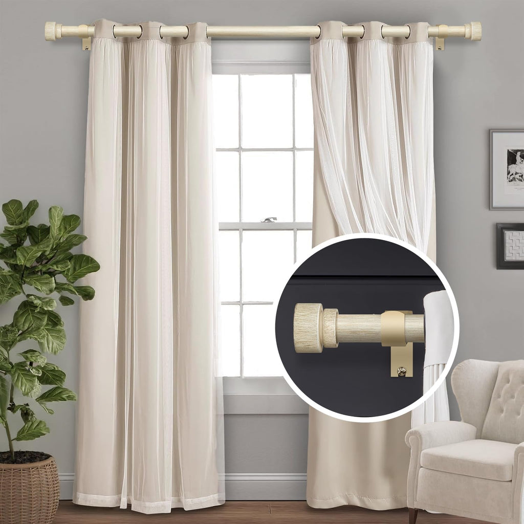 White Oak Wood Grain Curtain Rods for Windows 66 to 120 Inches 1" Diameter Boho Decorative Heavy Duty Window Curtain Rod Adjustable with Solid Finials for Living Room Bedroom Kitchen Farmhouse Outdoor
