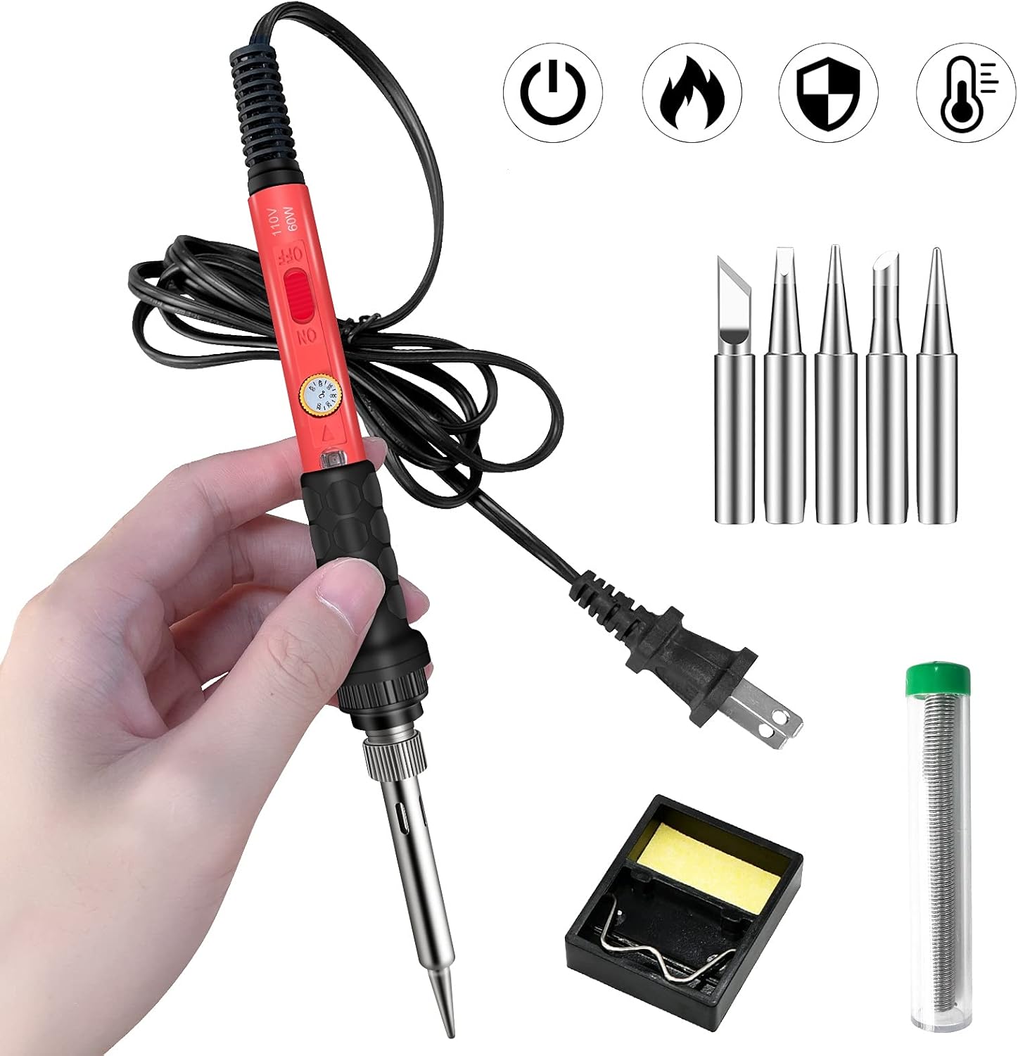 Soldering Kit, 60W Soldering Iron, 110V Welding Kit with Ceramic Heater, Portable Solder Irons with 5pcs Extra Tips, Stand, Solder Tube, Sponge, for Electronic Repair