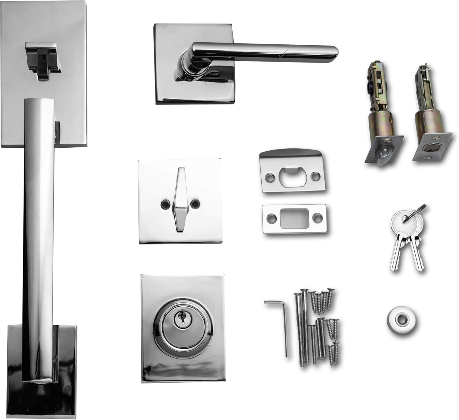 Berlin Modisch HandleSet Front Door Entry Handle and Deadbolt Lock Set Slim Square Single Cylinder Deadbolt and Lever Reversible for Right & Left Sided Doors Heavy Duty – Polished Chrome Finish