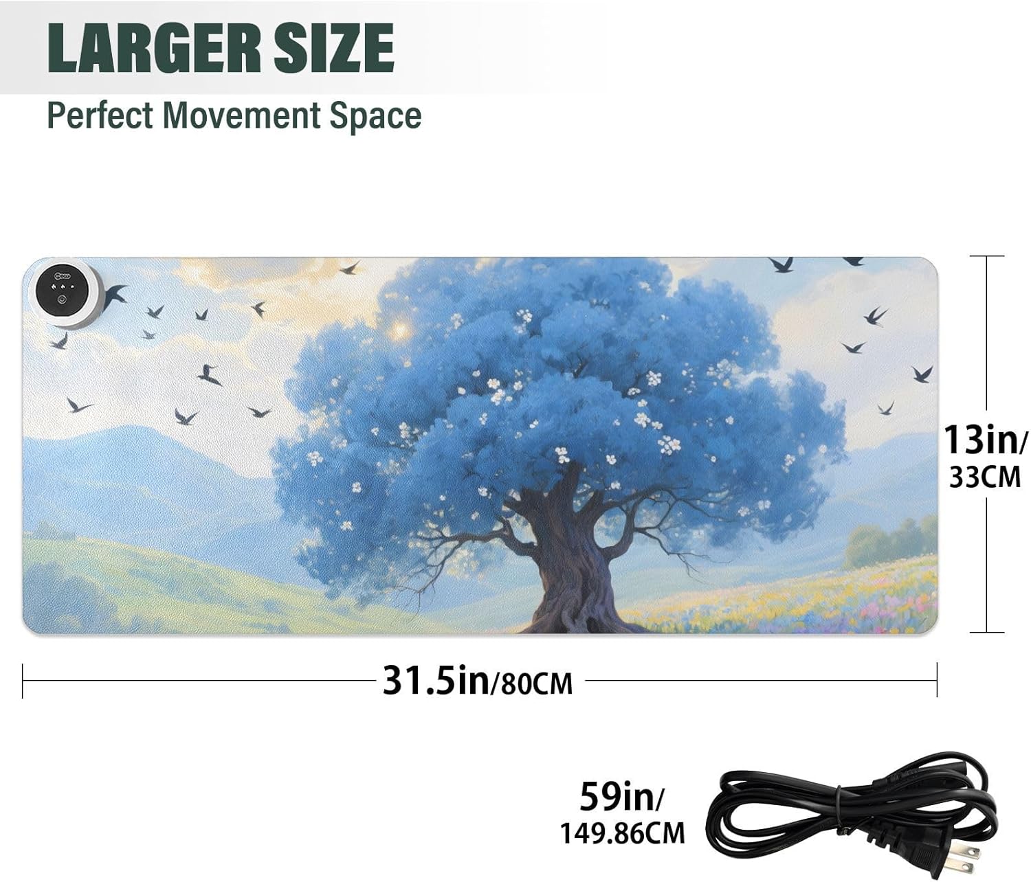 Large Heated Mouse Pad,Leather Desk Mat,31.5"x13",Hand Warmer Pads for Desk,Scenery Tree Flower(Blue)
