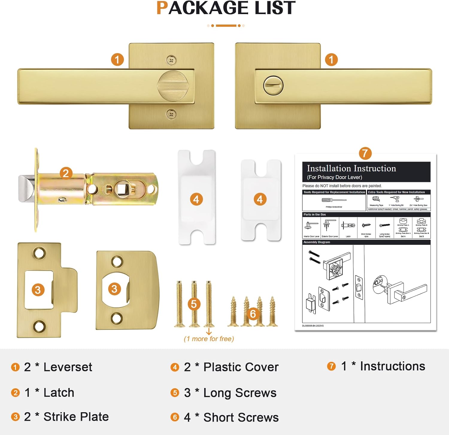 Probrico Heavy Duty Flat Gold Door Handles Square Privacy Interior Door Levers Bedroom and Bathroom Door Handles Keyless Bed/Bath Lockset (1 Pack)