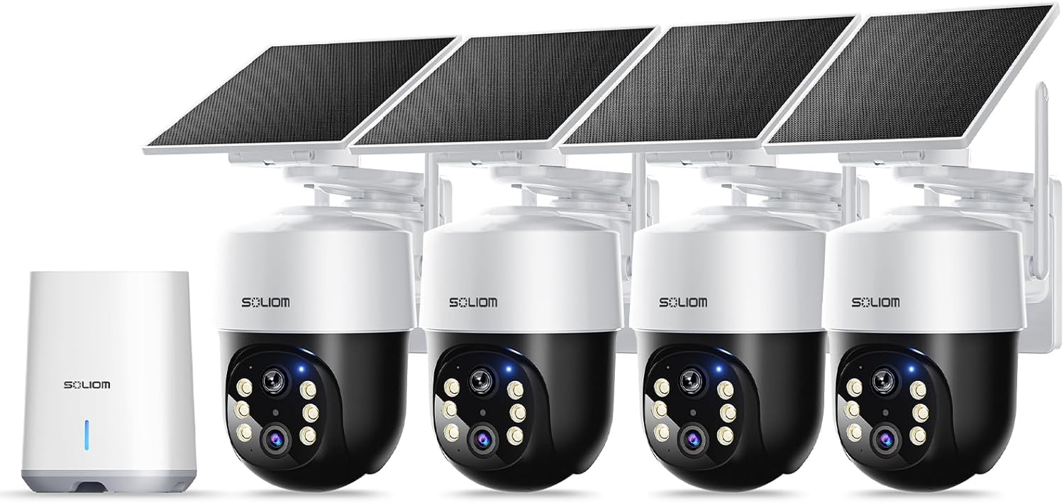SOLIOM Security Cameras Wireless Outdoor,8MP Ultra HD for Day and Night, No Subscription,Built in Radar,Solar Powered Cameras for Home Security, 360° Pan Tilt Auto Tracking,5G & 2.4G WiFi, 4-Cam Kit