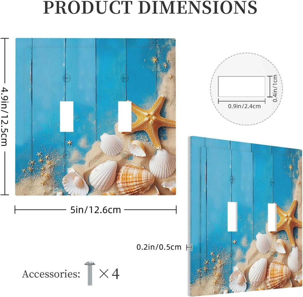 Decorative Switch Plates Blue Wood Grain Beach Shell Starfish 2 Gang Double Toggle Outlet Light Switch Cover Wall Plate Electrical Faceplate for Bathroom Farmhouse Decor