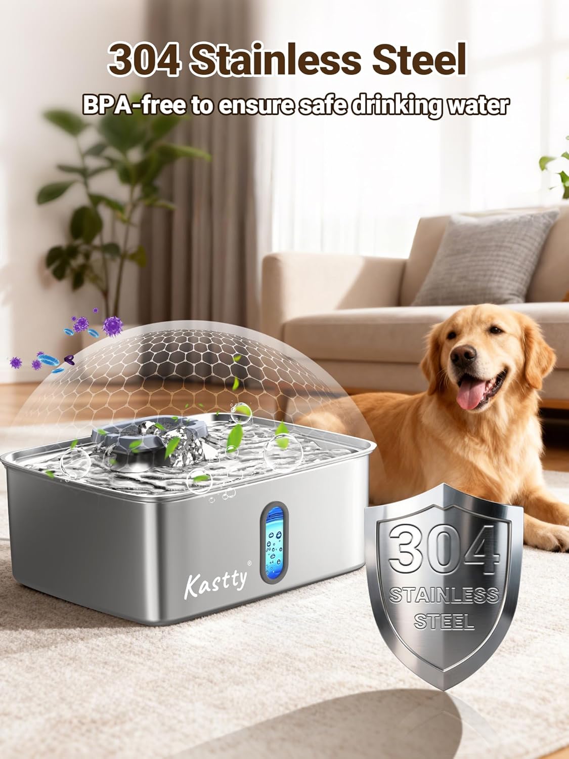 Kastty 3.96 Gal Dog Water Fountain for Large Dogs,15L Stainless Steel Large Pet Water Fountain, Ultra Quiet Automatic Dog Water Bowl Dispenser with Water Level Window and LED Light(FS78,Grey