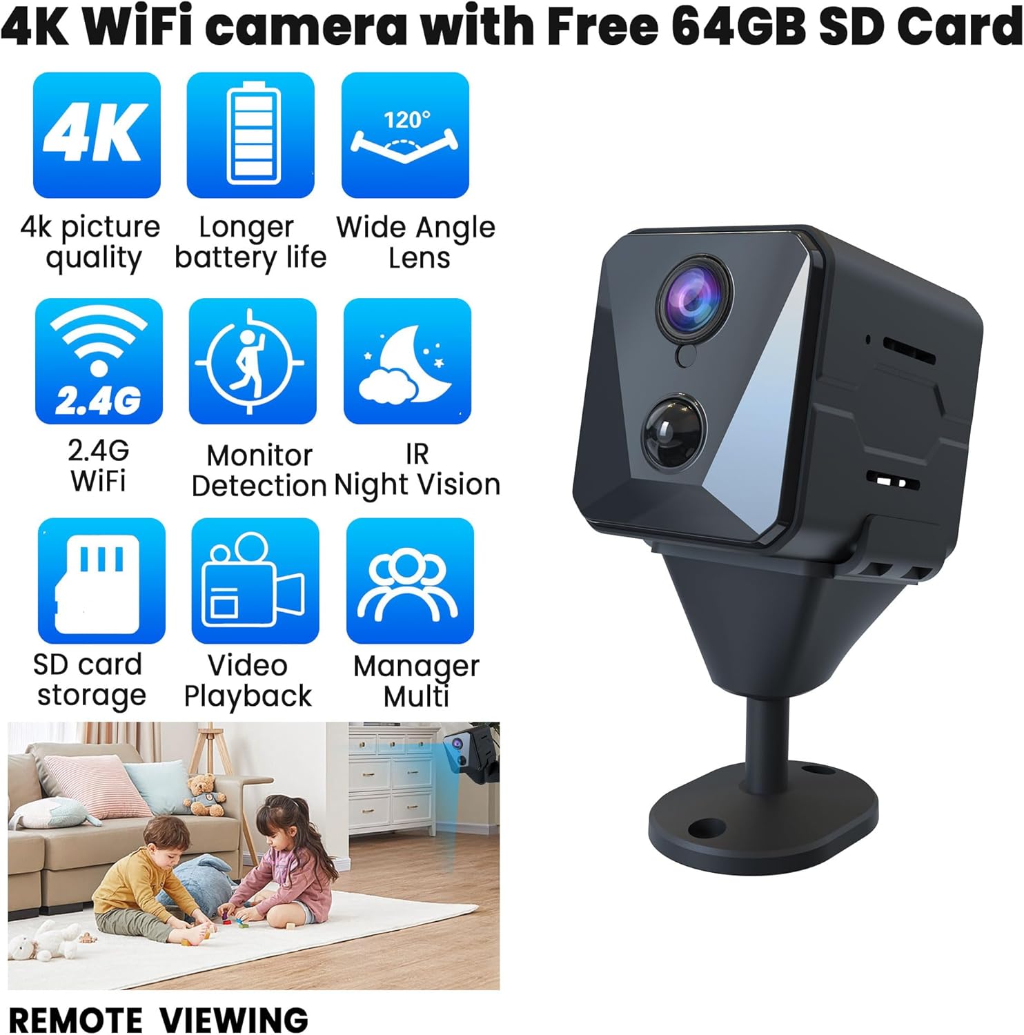 4K Security Camera with 64GB SD Card, Battery Powered Security Cam, 100-Day Standby, AI Human Detection, Night Vision, Real-Time Alert, Baby Monitor, Pet Cam for Home or Office