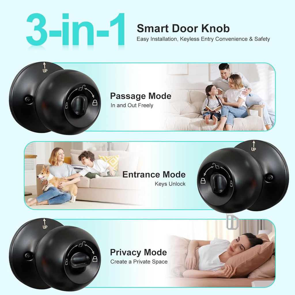 JO.KO Fingerprint Door Lock, Biometric Door Lock with App Control & Key, Smart Door Lock for Bedroom, Entry Door, Keyless Finger Print Door Knob with Thumb Print Black