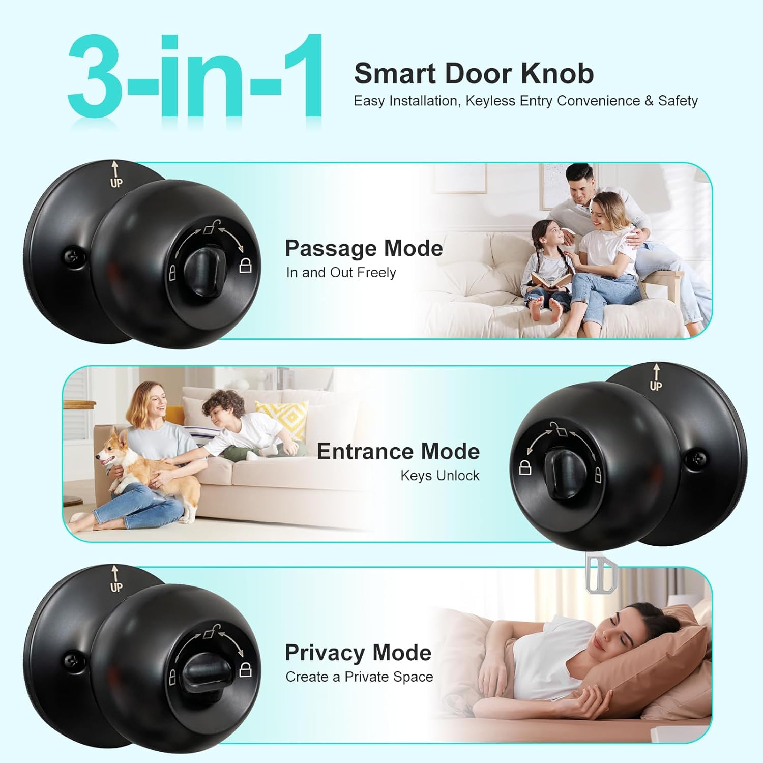 JO.KO Fingerprint Door Lock, Biometric Door Lock with App Control & Key, Smart Door Lock for Bedroom, Entry Door, Keyless Finger Print Door Knob with Thumb Print Black