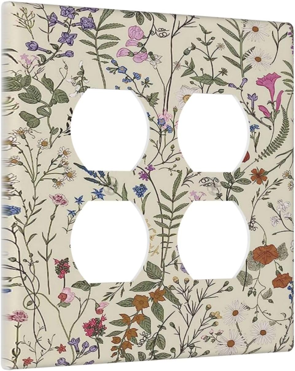 Decorative Outlet Covers Rustic Beige Wildflower Flowers 2 Gang Wall Plate Cover Double Duplex Receptacle Two Switch Light Switch Cover Plate Jumbo Dual Faceplate for Home Decor