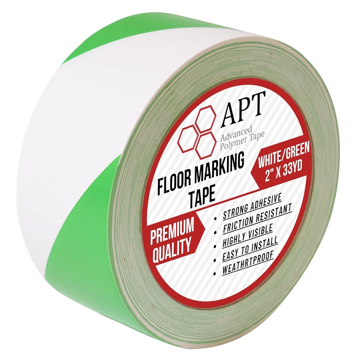 APT Premium White and Green Striped Vinyl Floor Safety Marking Tape, Excellent for Hazard Caution& Warning, Social Distancing, Warehouse & Gym Floor (2 Inch x 108 ft)