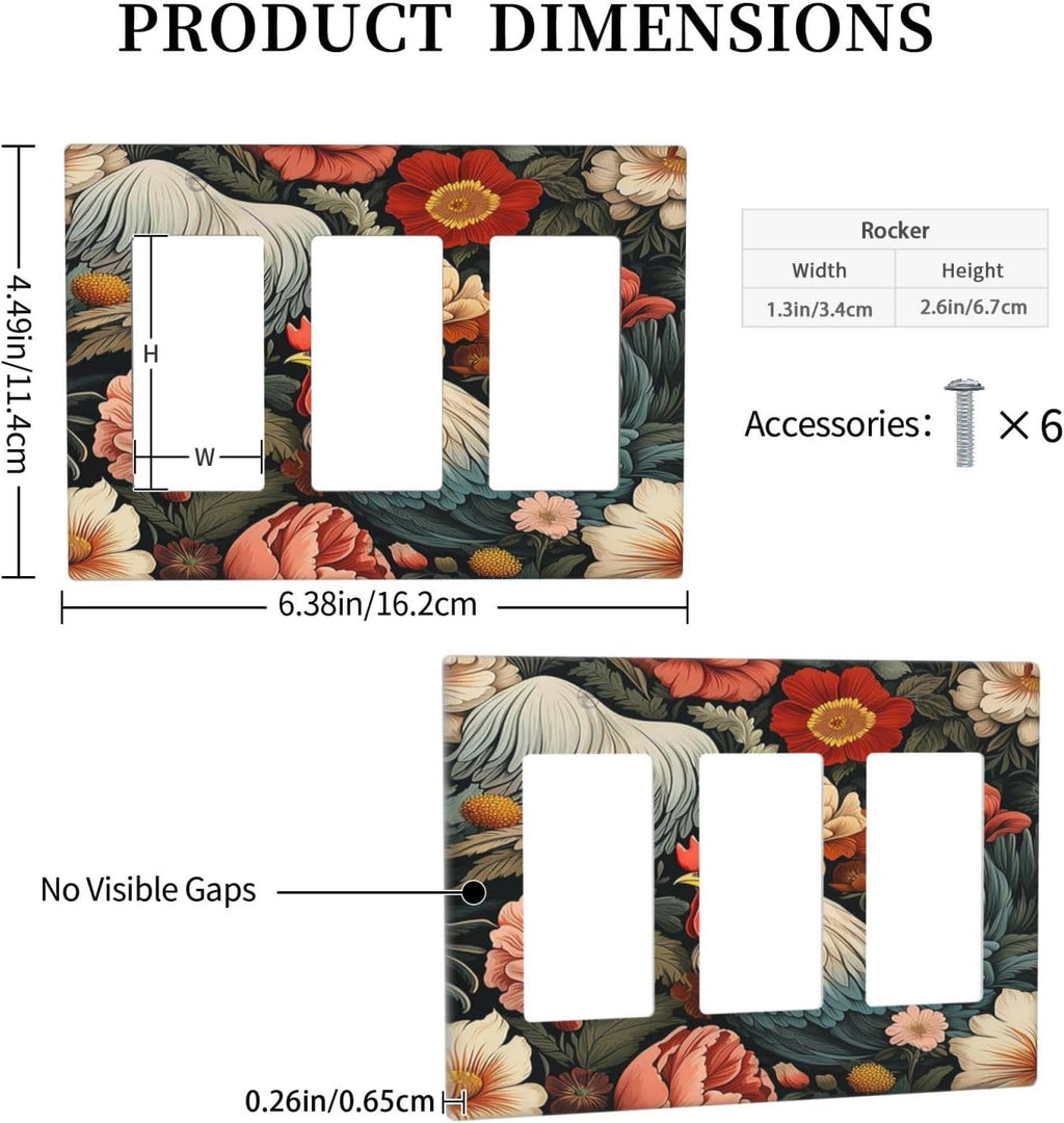 Light Switch Covers Rooster Flowers Red White Chicken Floral 3 Gang Rocker Electrical GFCI Decorative Triple Outlet Wall Plate Cover Switchplate for living Room Farmhouse Decor