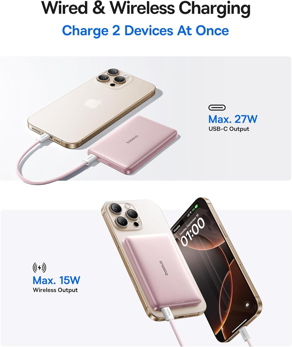Baseus Picogo Magsafe Portable Charger, Qi2 Certified 0.5" Ultra Slim 15W Wireless Power Bank, 10000mAh 27W Fast Charging Magnetic Battery Pack with USB-C for iPhone 17/16/15/14/13/12 Series Only