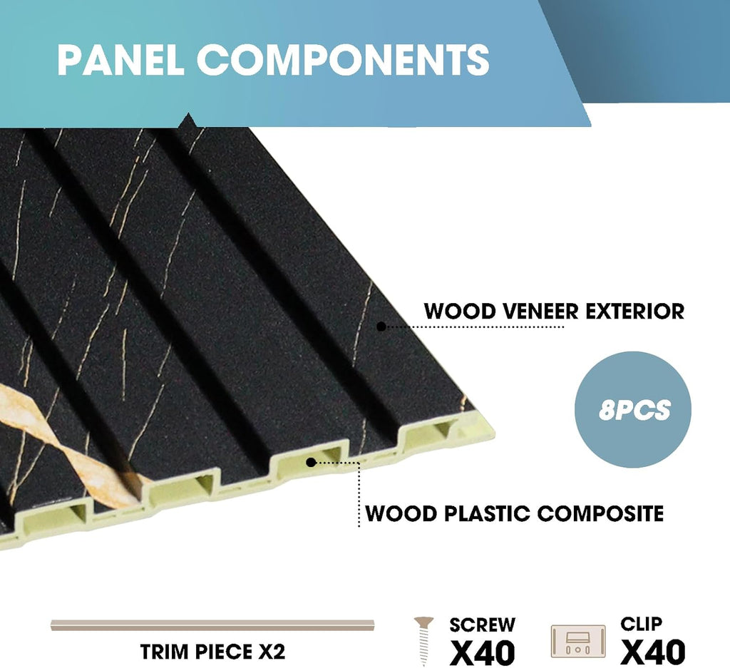 OUZUGIE WPC Acoustic Slat Wall Paneling, 8-Pack 114 x 6 Inches 3D Wall Panels for Interior Wall Decor,Living Room,TV Background,Study Room,Office Spaces,Bedroom,Low Grille (Black Marble)