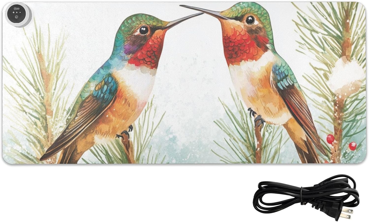 Heated Desk Pad Mouse Pad 31.5x13 Inch PU Leather Desk Mat with 3 Heat Levels Large Mouse Gaming Computer Laptop Mat Cartoon Hummingbirds and Pine Tree