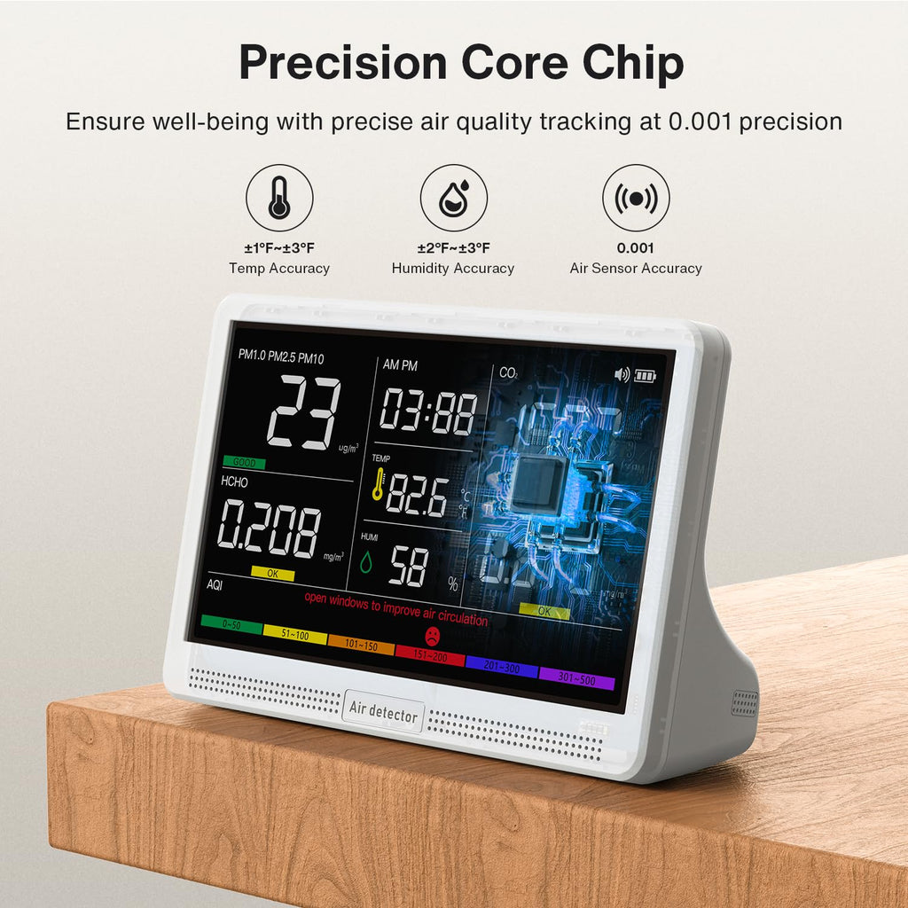 Upgrade Extended 12-Hour Battery Life 16 in 1 Air Quality Monitor Indoor with 7" Display, Professional Air Quality Meter for CO2, TVOC, PM2.5, PM1.0, PM10, HCHO, Temperature, Humidity, AQI & Time