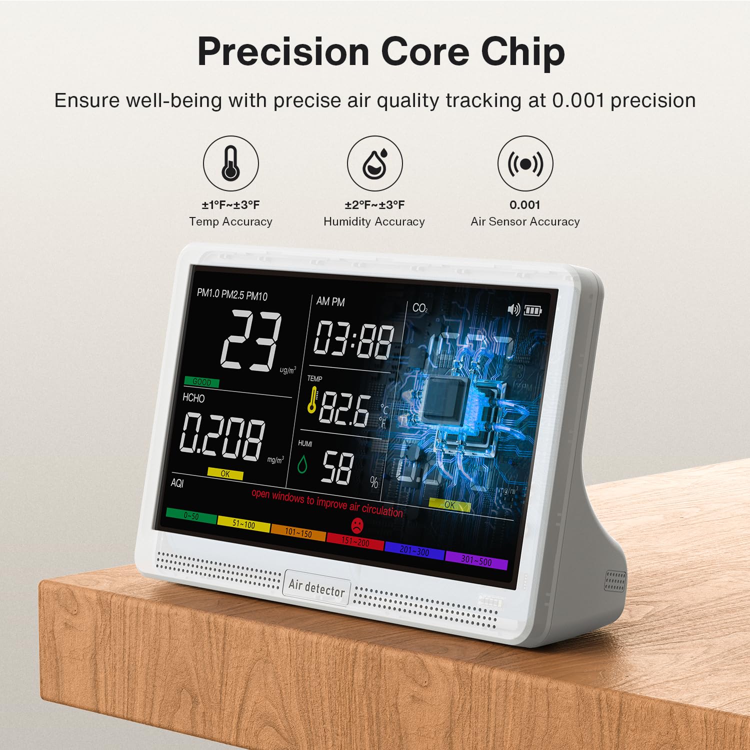 Upgrade Extended 12-Hour Battery Life 16 in 1 Air Quality Monitor Indoor with 7" Display, Professional Air Quality Meter for CO2, TVOC, PM2.5, PM1.0, PM10, HCHO, Temperature, Humidity, AQI & Time