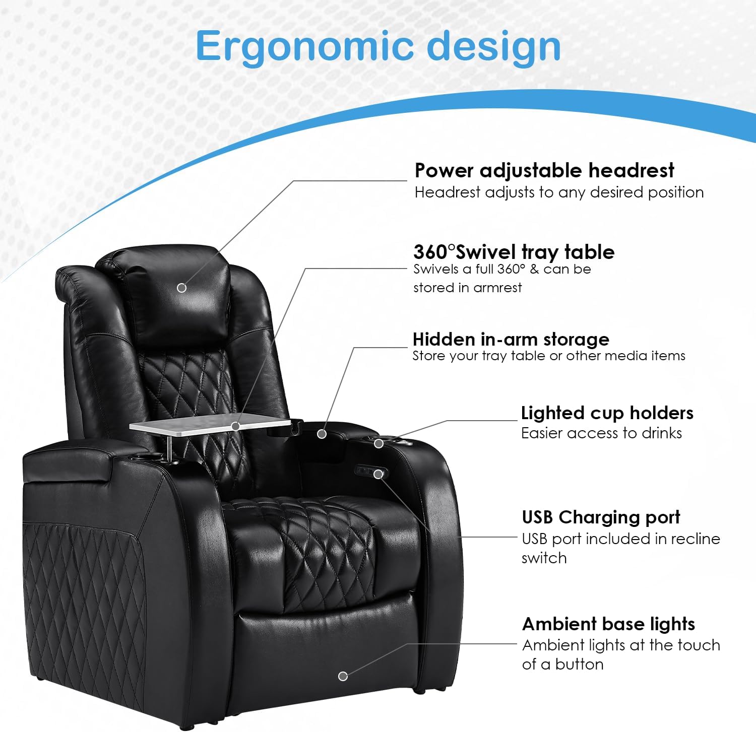 Weilianda Home Theater Seating Top Grain Leather Zero Gravity Recliner Chair Power Headrest Recline Movie Seat Gaming 7 Colors Mood Light Sofa with Tray Table USB Charge Row of 6 Black