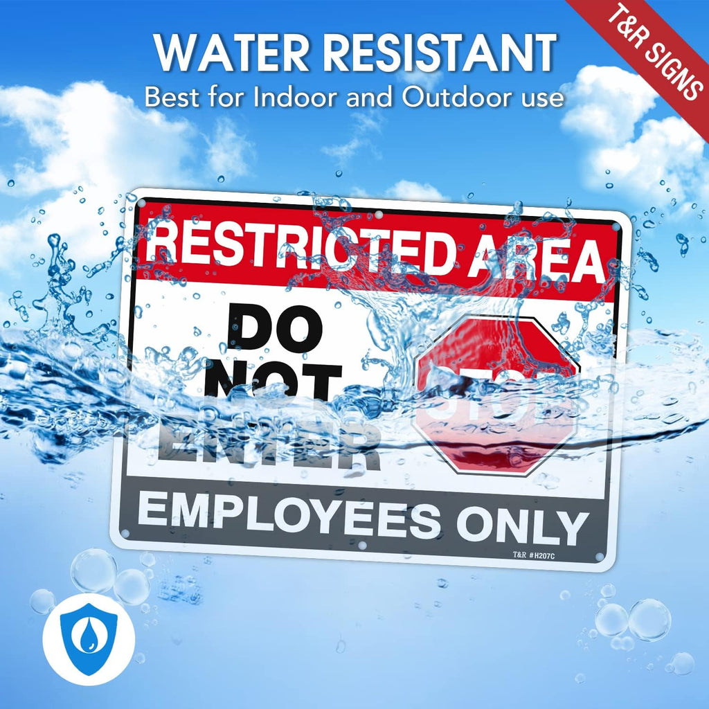 T&R Large Restricted Area Do Not Enter Employees Only Sign - 4 Pack - 14 x 10 Inches Rust Free .040 Aluminum - UV Protected, Waterproof, Weatherproof and Fade Resistant - 6 Pre-drilled Holes