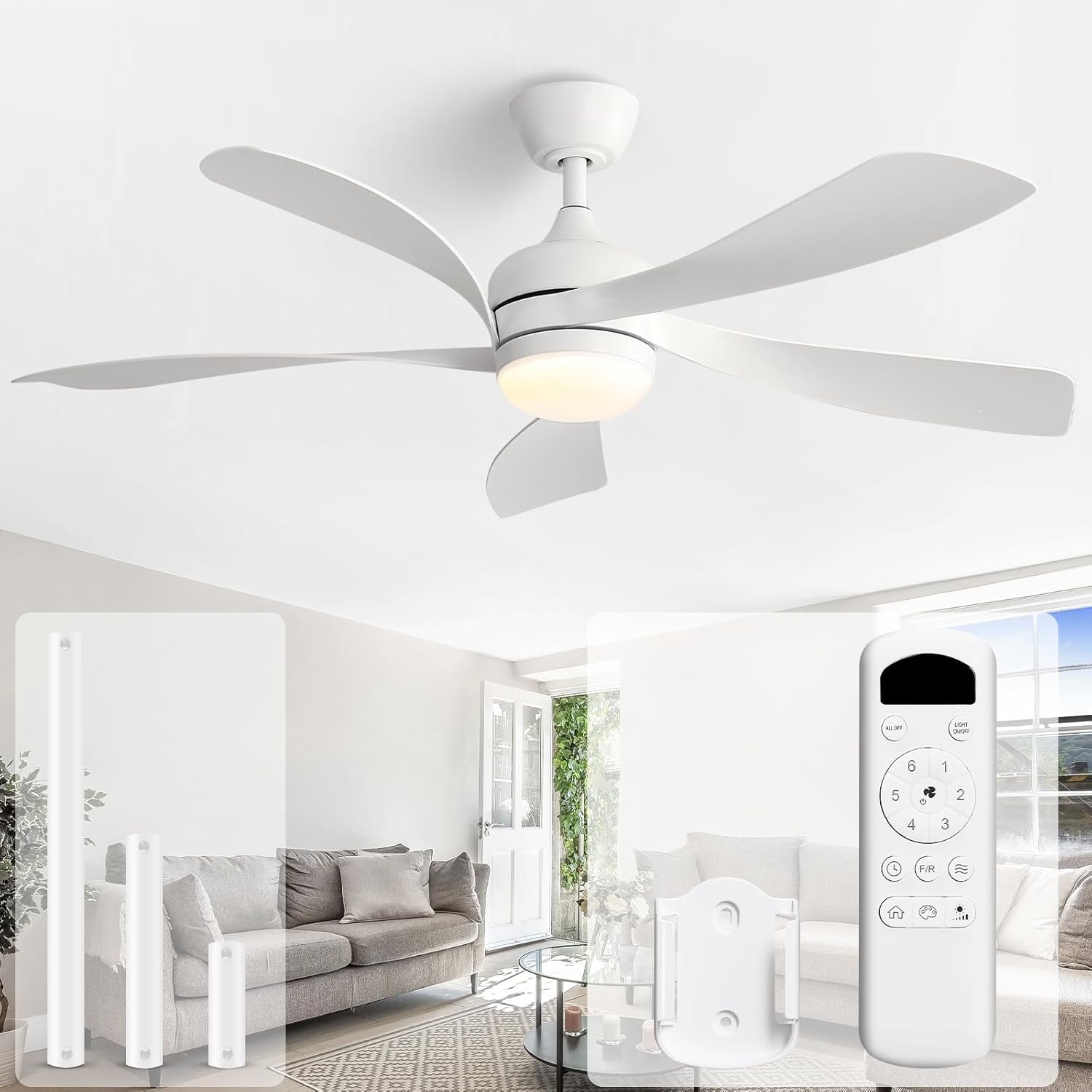 Sofucor 52 Inch Ceiling Fans with Lights and Remote, Outdoor Ceiling Fan with Light 6-Speed 3 CCT 3-Timer, White Low Profile Ceiling Fan 5 Blade Reversible DC Motor for Living Room Bedroom Patio