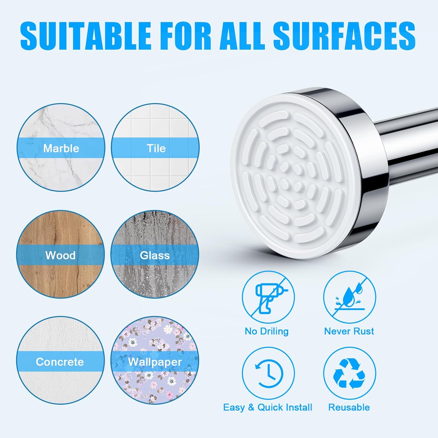 TEECK Shower Curtain Rod, 32-92 inch Adjustable Spring Tension Curtain Rod, Never Rust Anti-Slip Shower Curtain Rod for Bathroom, No Drilling, Never Collapse, Easy to Use, Silver