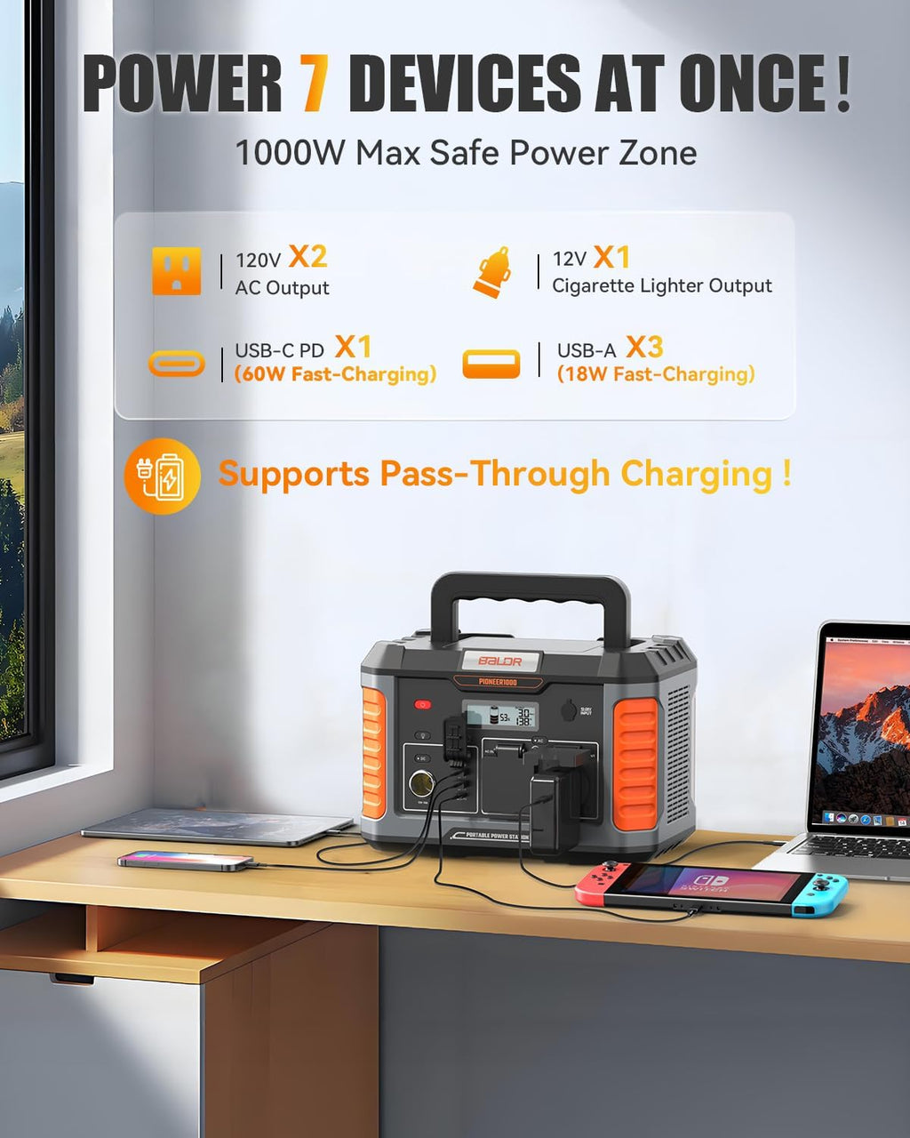 BALDR 1000W Power Station, 808Wh, 18.5 lbs Portable Lightweight Solar Generator with AC Outlet, Multiple Ports for Camping, Home Backup.