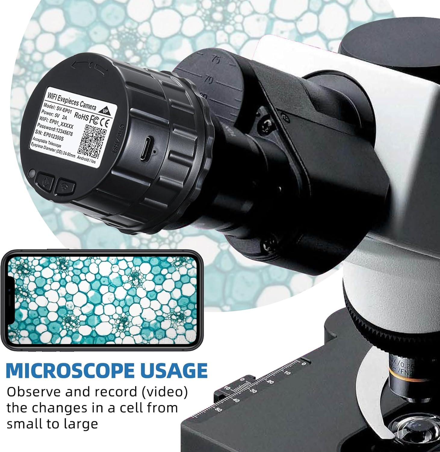WiFi Telescope Eyepiece Camera for Spotting Scopes Electronic Eyepiece 32GB Video Recording Digital Eyepieces Camera, Telescope Accessories for 24mm-50mm Optical Telescopes and Microscope