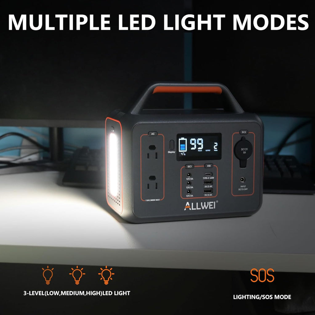 ALLWEI Portable Power Station 300W, 280Wh Solar Generator with 110V Pure Sine Wave AC Outlet, Backup Lithium Battery Generator for CPAP Outdoor RV Camping Emergency Home Use
