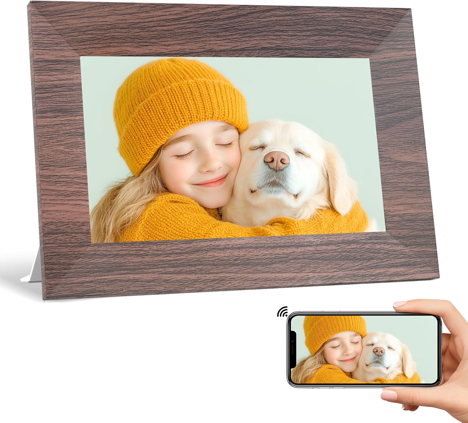 7” Digital Picture Frame with 32GB Storage, WiFi Digital Photo Frame 1024x600 HD IPS Touchscreen, Easy Setup for Photo & Video Sharing via Free App, Light Brown Wood Grain