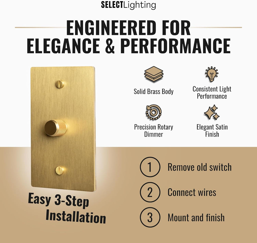 1-Gang Satin Solid Brass Rotary Dimmer Switch, 15A 120V AC Wall Mount, TRIAC/Leading Edge 1-Way Compatible, Dimmable LED Light Control with Knob, Faceplate & Dimming Module