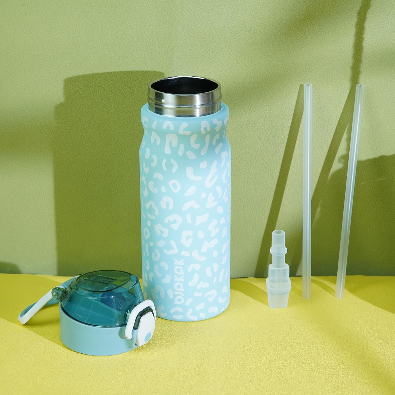 BJPKPK Insulated Water Bottle 18oz Stainless Steel Water Bottles with Straw and Carry Handle Double Wall Metal Thermal Flask,Sky Blue Leopard
