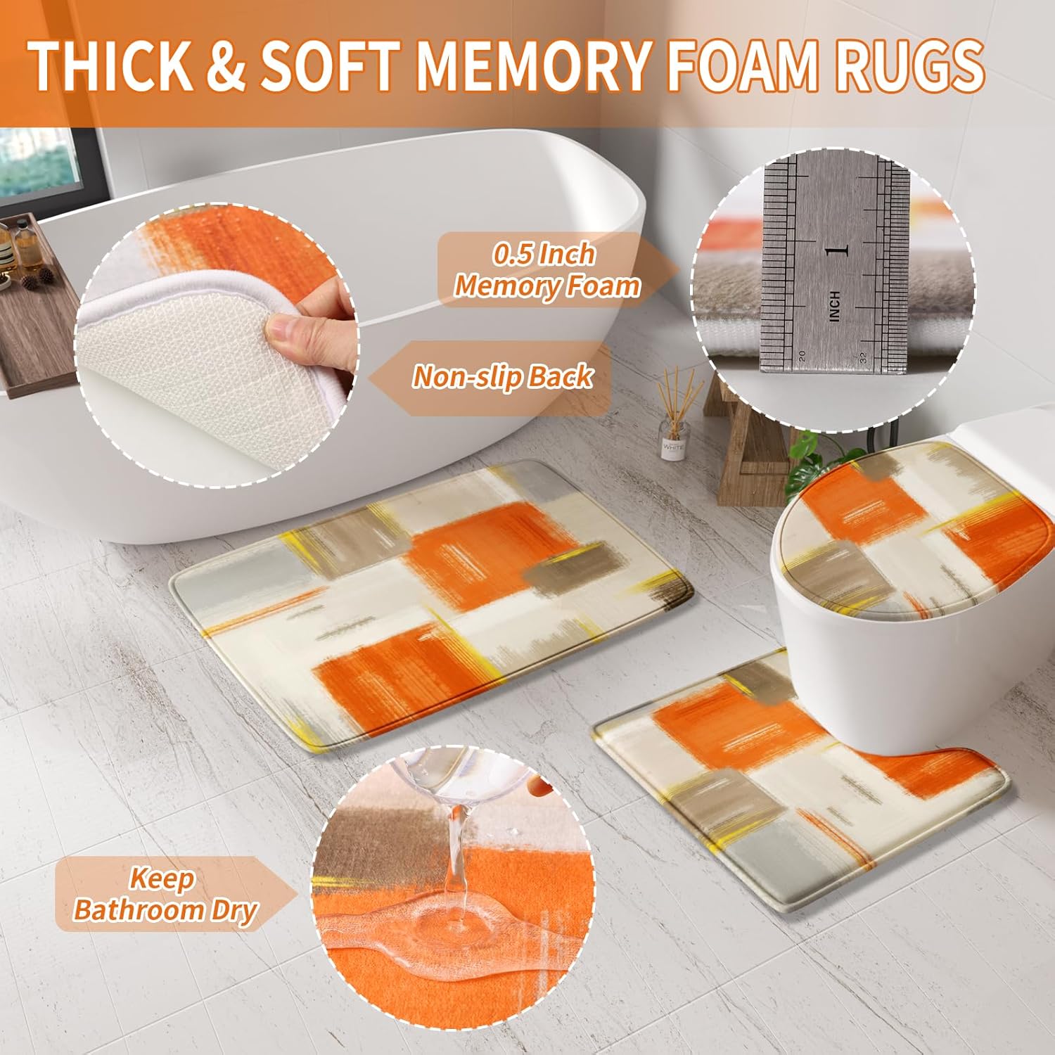 Bathroom Accessories Set - 25PC Bathroom Set with Shower Curtain and Rugs, Orange Bathroom Set, Bathroom Accessory Set with Press-on Lid Trash Can, Soap Dispenser and Qtip Holders
