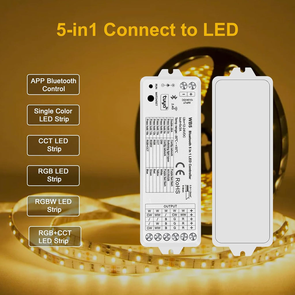 5in1 WB5 LED Controller Bluetooth Control 2.4GHz Dimmable CCT RGB RGBW RGBCCT COB LED Strips - Compatible with Tuya App Echo Alexa Google Home Voice Control