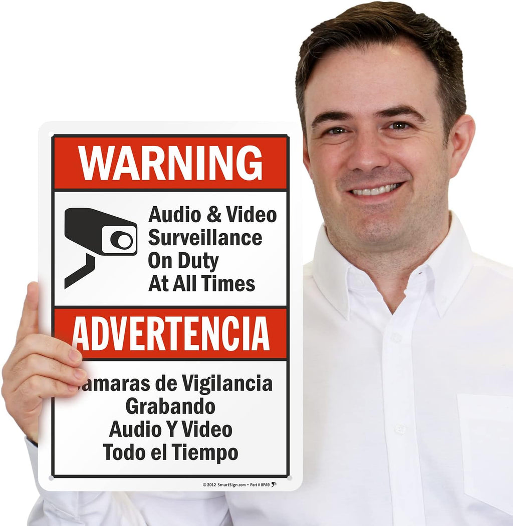 SmartSign 14 x 10 inch “Warning - Audio & Video Surveillance On Duty At All Times” Bilingual Sign, Digitally Printed, 55 mil HDPE Plastic, Red, Black and White, Made in USA