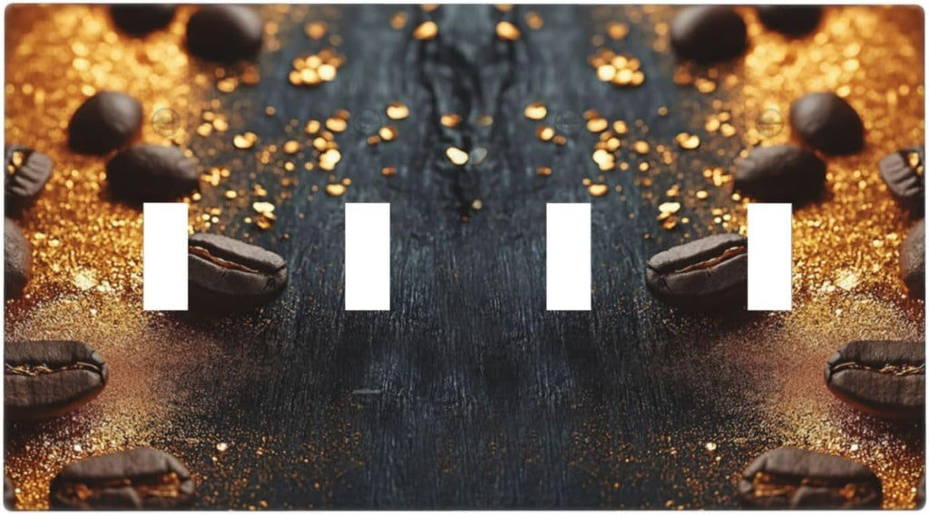 Decorative Light Switch Cover Plate Black Wood Board Gold Dust Coffee Beans 4 Gang Wall Plate Oversized Quad Toggle Switch Cover Plate Jumbo Face Plate for Home Decor