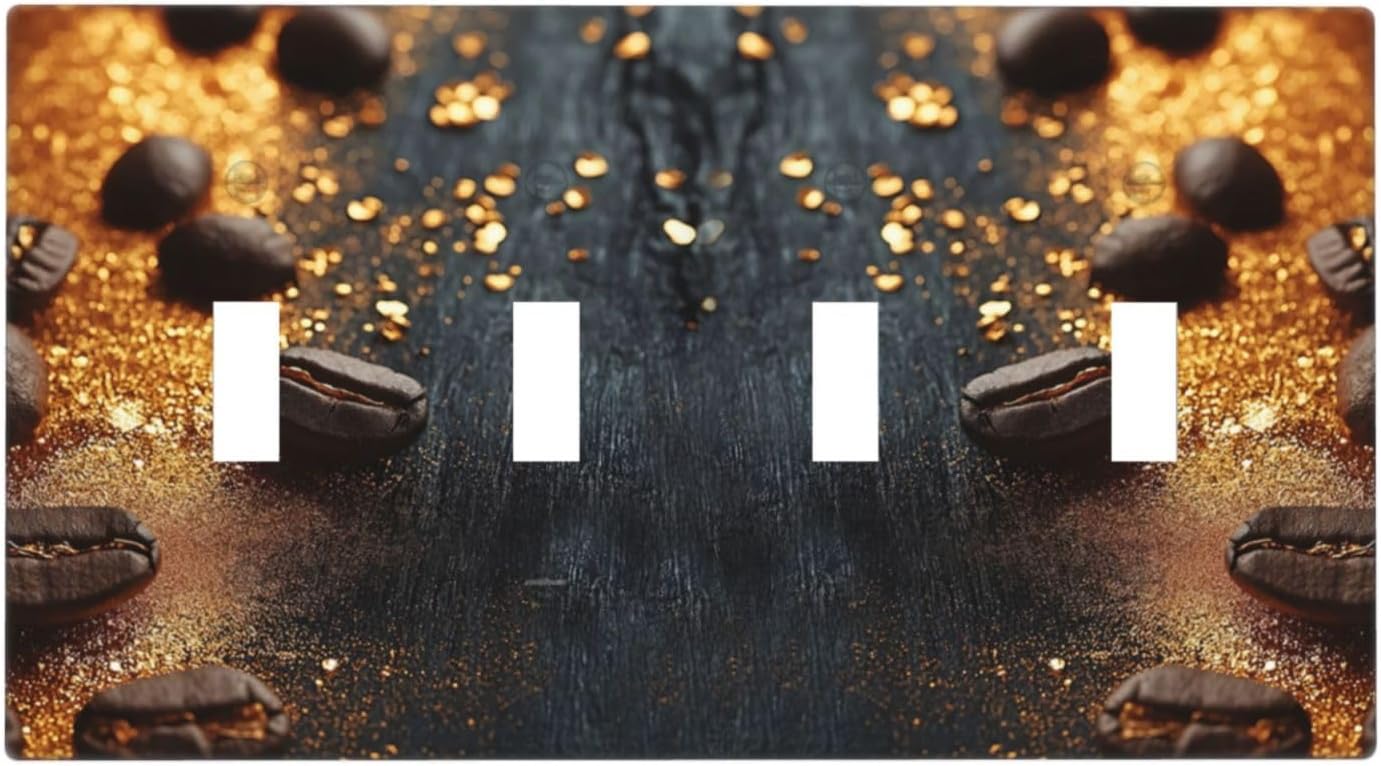 Decorative Light Switch Cover Plate Black Wood Board Gold Dust Coffee Beans 4 Gang Wall Plate Oversized Quad Toggle Switch Cover Plate Jumbo Face Plate for Home Decor