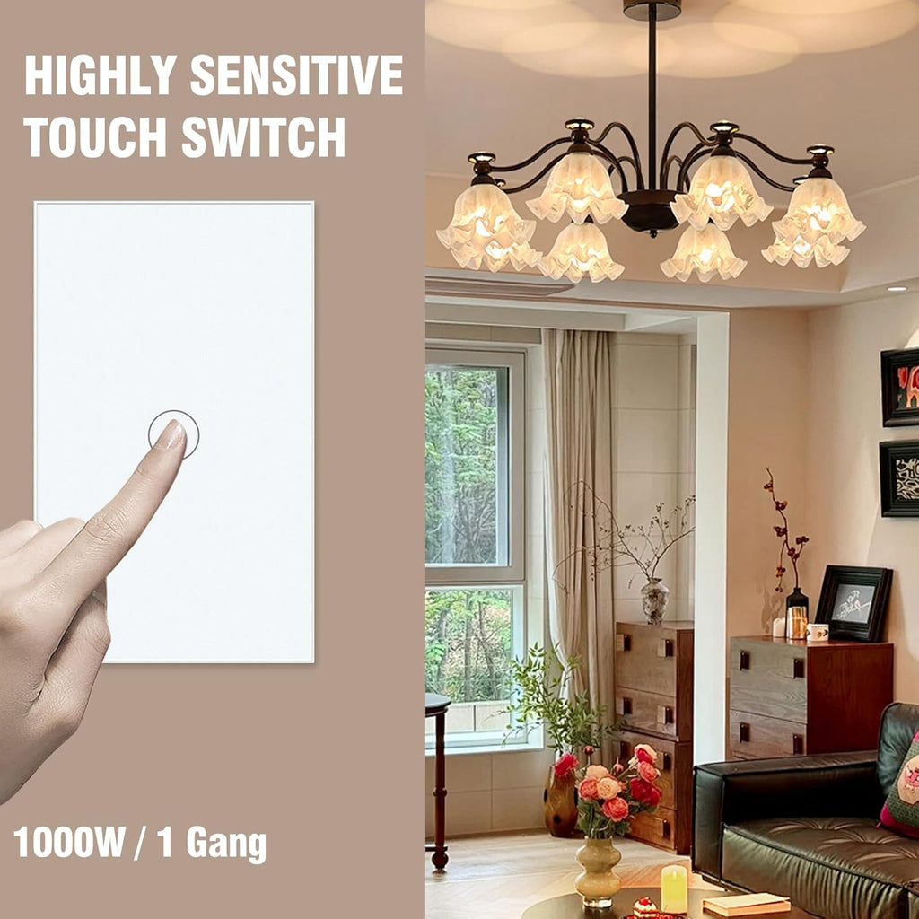 2 Way Light Switch 118X72X34MM No Neutral Wire, Wall Touch Switch 1000W, Tempered Glass Panel, FCC, White 1 Gang